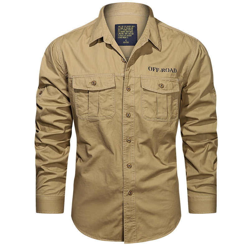 Men's Long Sleeve Utility Canvas Shirt with Chest Pockets and OFF-ROAD Print Fashion Glam