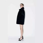 Women's boxy short coat made of silky shiny high-pile artificial fur with a large shawl collar Fashion Glam