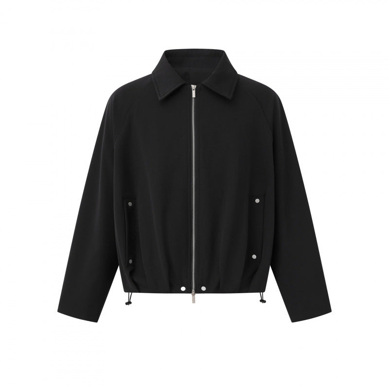 Unisex Short cut boxy zip blouson jacket with shirt collar, drawstring hem and snap button pockets Fashion Glam