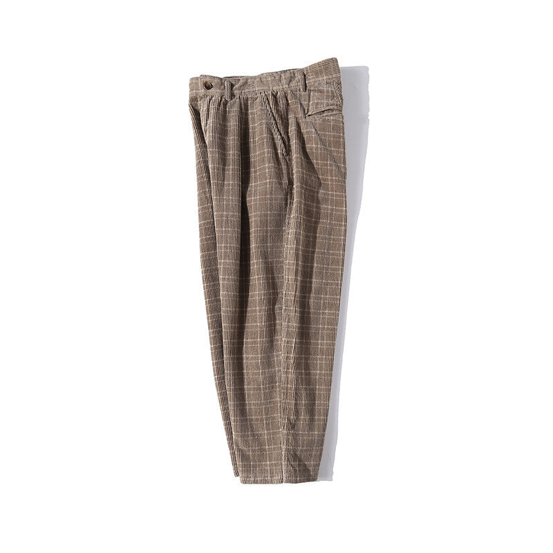 Men's Wide Cord Pants with Pleats, Cropped Cut and Check Pattern Fashion Glam