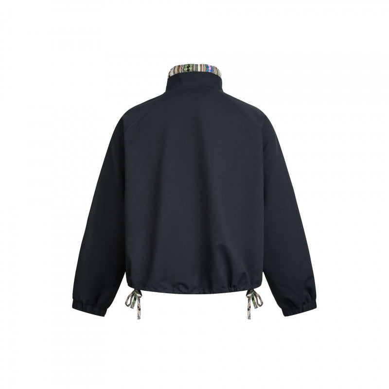 Women Short Tail Bomber Jacket with Stand-Up Collar and Patterned Lining Fashion Glam