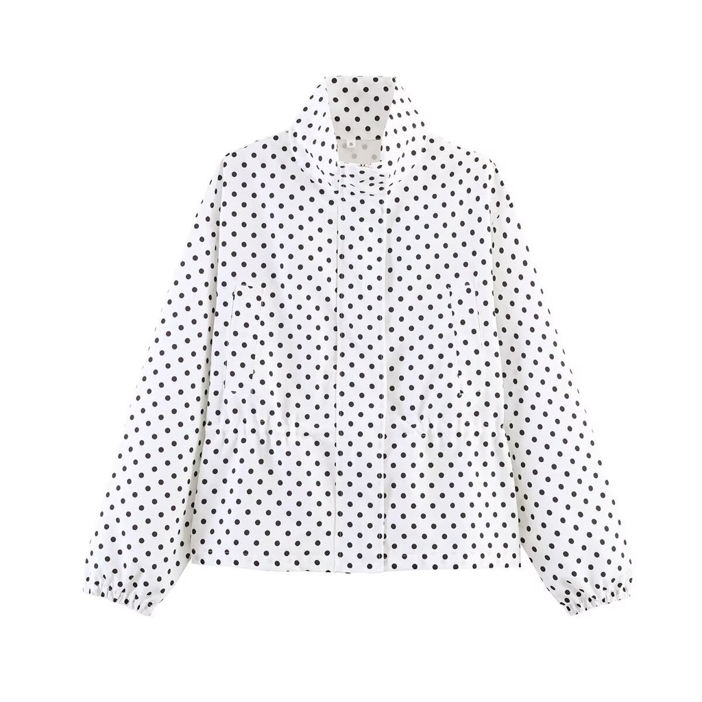 Ladies Cropped Polka Dot Transition Jacket with Stand-Up Collar and Waist Gathering Fashion Glam