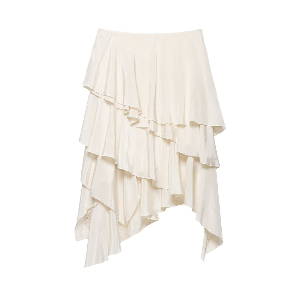 Women's Asymmetrical Tiered Skirt with Ruffles and Flowing Satin Fall Fashion Glam