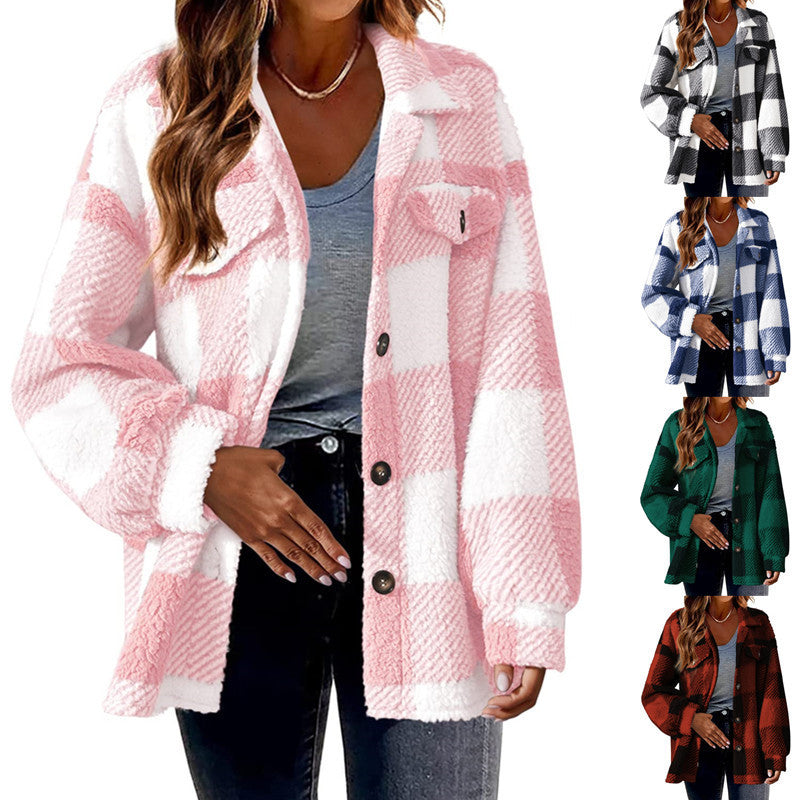 Women's Checkered Teddy Shirt Jacket in Oversized Shacket Style Fashion Glam