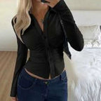 Women Tailored Buttonable Ruffle Top with V-Neck and Figure-Shaping Gather Fashion Glam