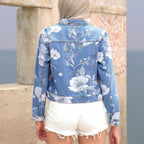 Women's floral print denim jacket cropped with tailored fit and flap pockets Fashion Glam