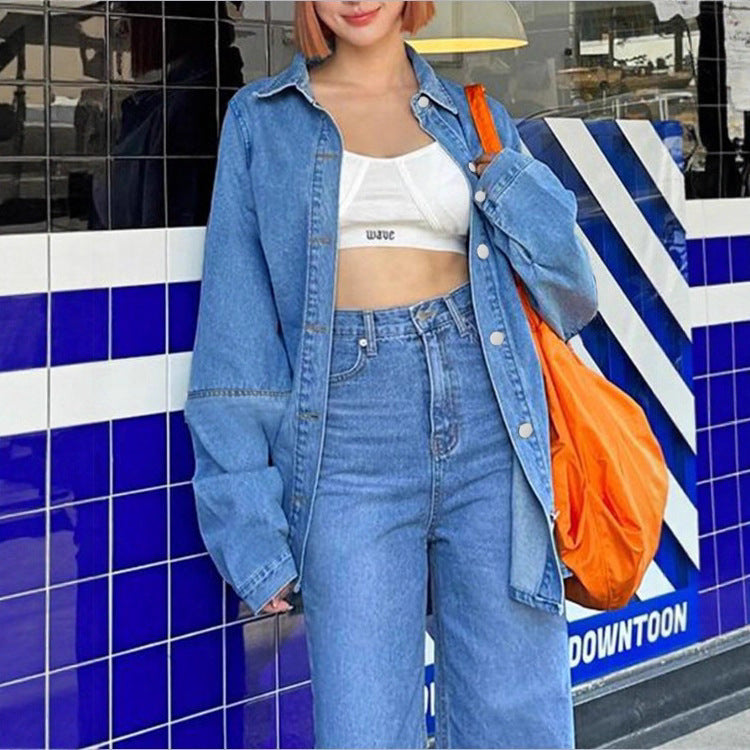 Women Oversized Denim Shirt Jacket with Extended Cut and Boxy Fit Fashion Glam