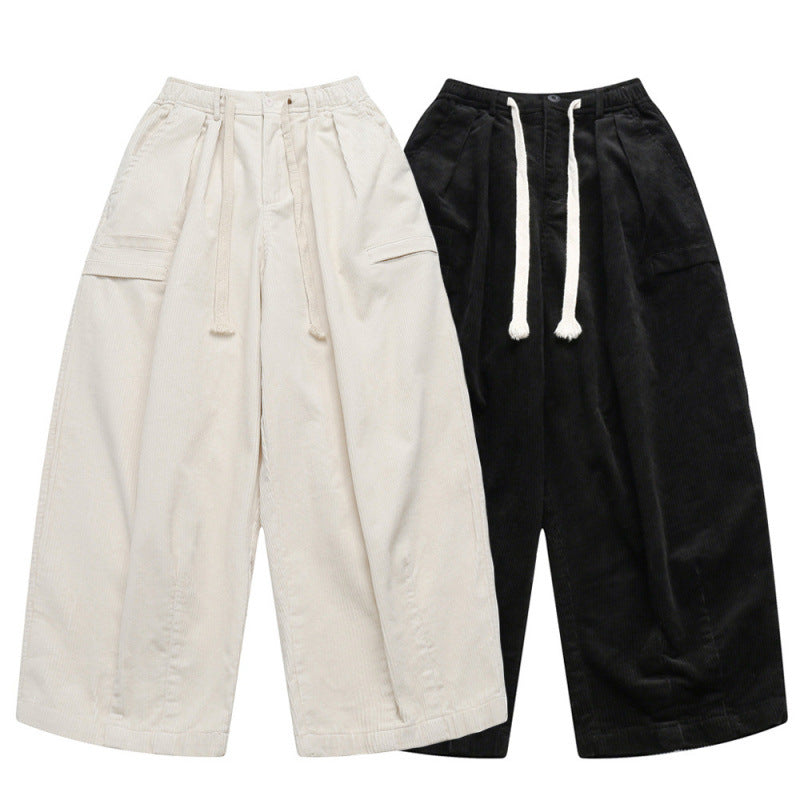 Women Wide High-Waisted Cord Pants in Culotte Cut with Drawstring and Patch Pockets Fashion Glam