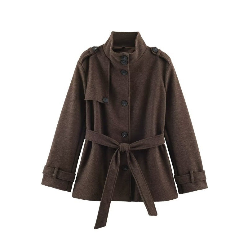 Women Short fitted coat with stand-up collar, shoulder straps and tie belt Fashion Glam