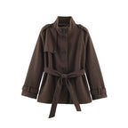 Women Short fitted coat with stand-up collar, shoulder straps and tie belt Fashion Glam