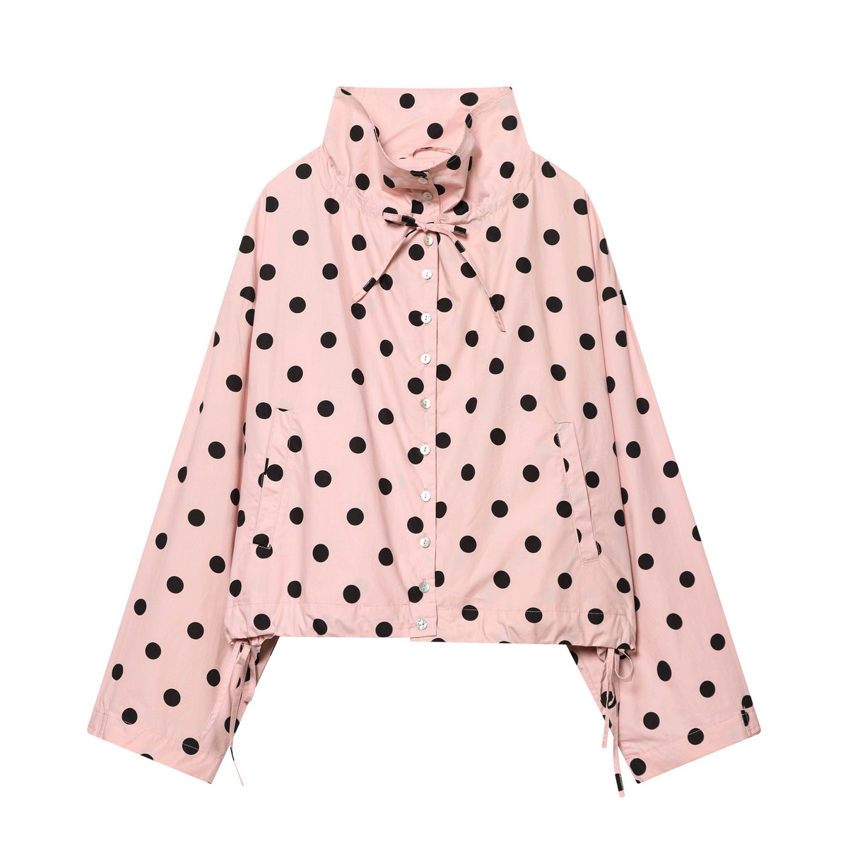 Women's Polka Dot Cropped Blouson Jacket with High Stand Collar, Drawstring and Button Placket Fashion Glam