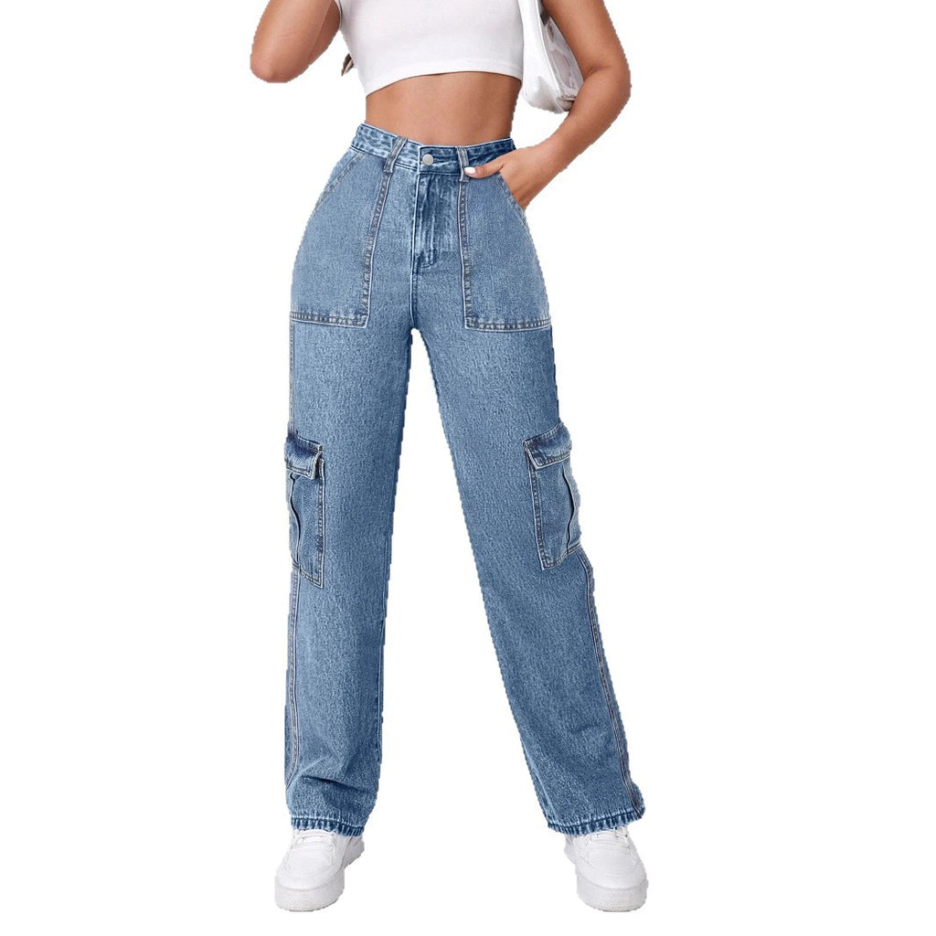 Women High-Waisted Cargo Wide Jeans with Patch Pockets and Elastic Hem Fashion Glam