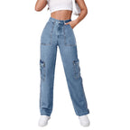 Women High-Waisted Cargo Wide Jeans with Patch Pockets and Elastic Hem Fashion Glam