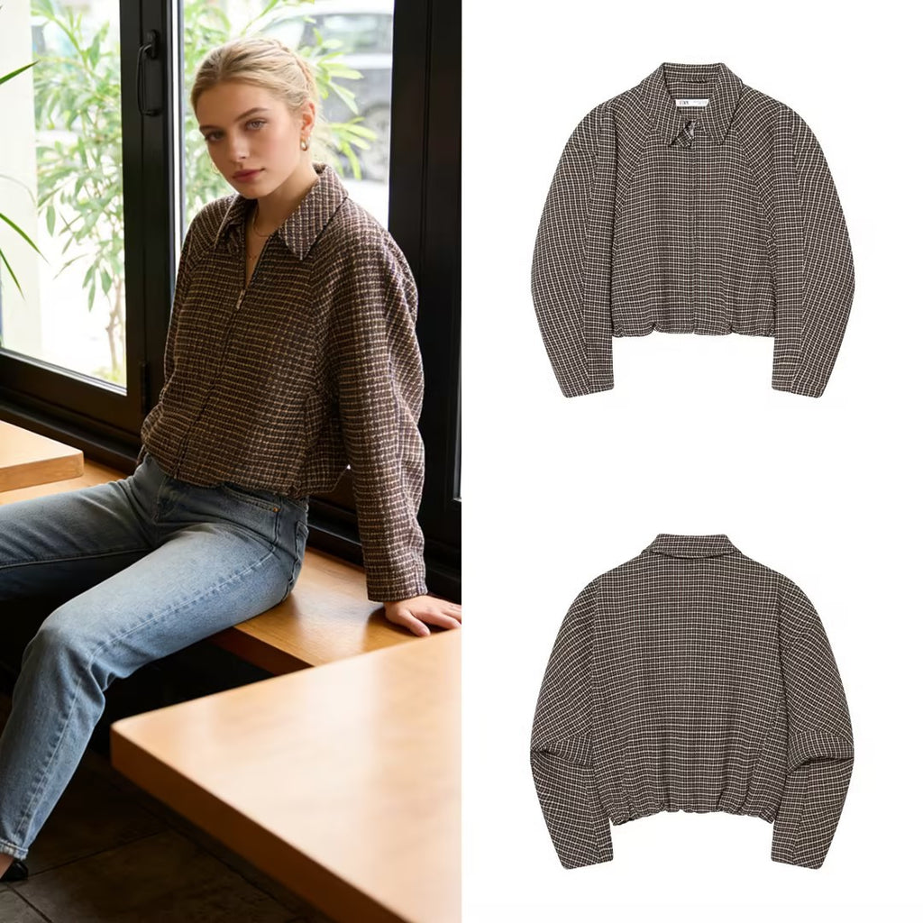 Women's short-cut houndstooth bouclé jacket with shirt collar and fitted silhouette Fashion Glam