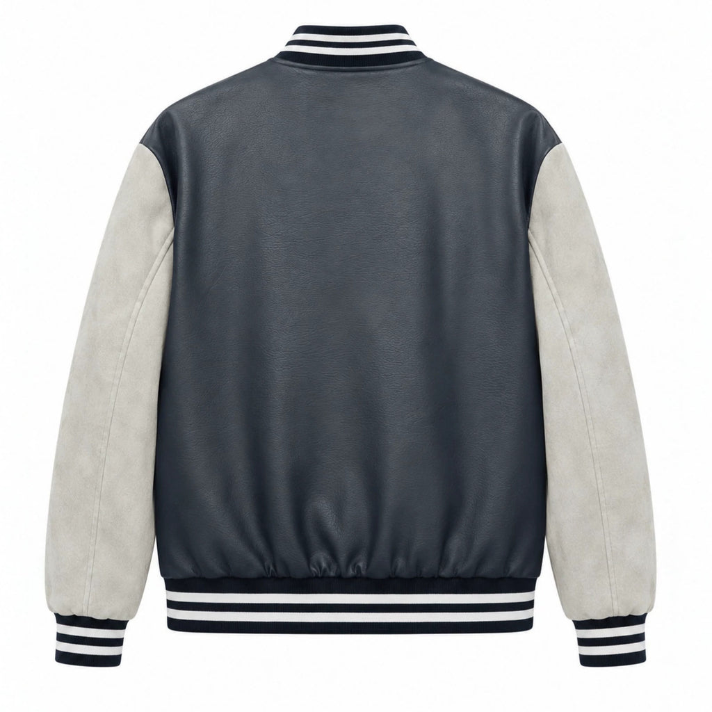 Men's varsity bomber jacket in retro college style with faux leather body and contrast sleeves Fashion Glam