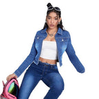 Women's cropped fitted denim jacket with zipper and raw hem Fashion Glam