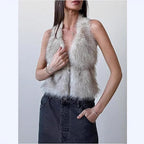 Women's Sleeveless Cropped Faux Fur Set with Mini Skirt and Fluffy Cuffs Fashion Glam