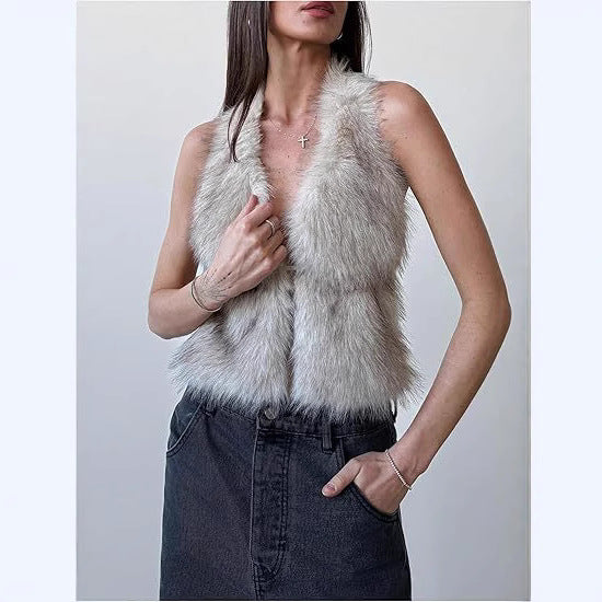 Women's Sleeveless Cropped Faux Fur Set with Mini Skirt and Fluffy Cuffs Fashion Glam