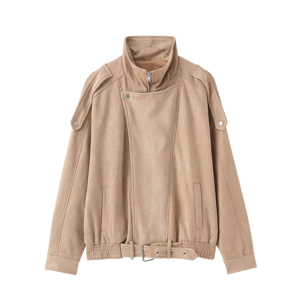 Women's short jacket in suede look with high stand-up collar, shoulder flaps and waist belt Fashion Glam
