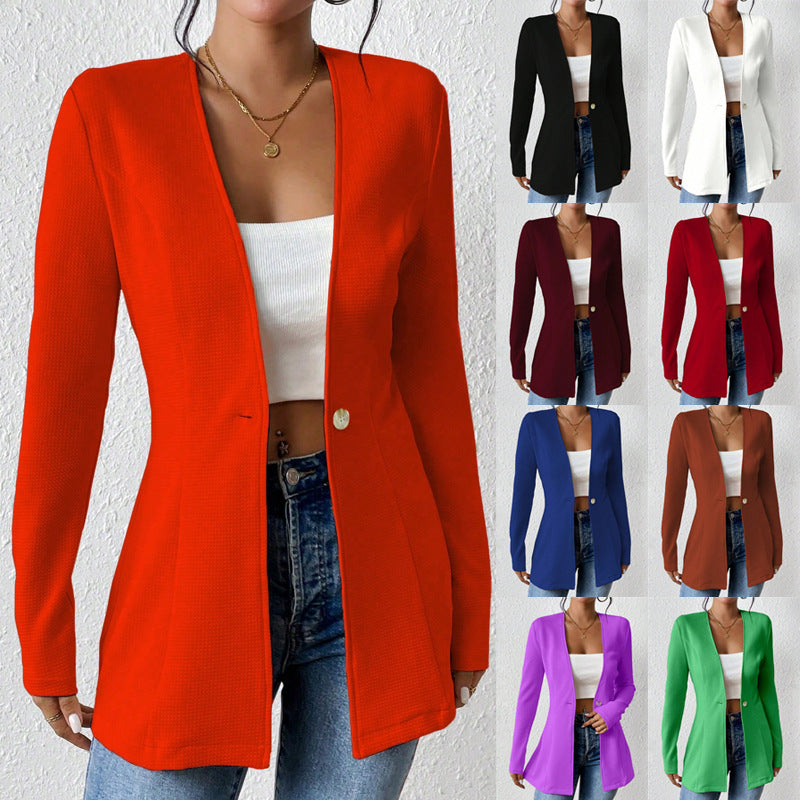 Ladies Tailored Long Blazer with V-Neck and One-Button Closure Fashion Glam