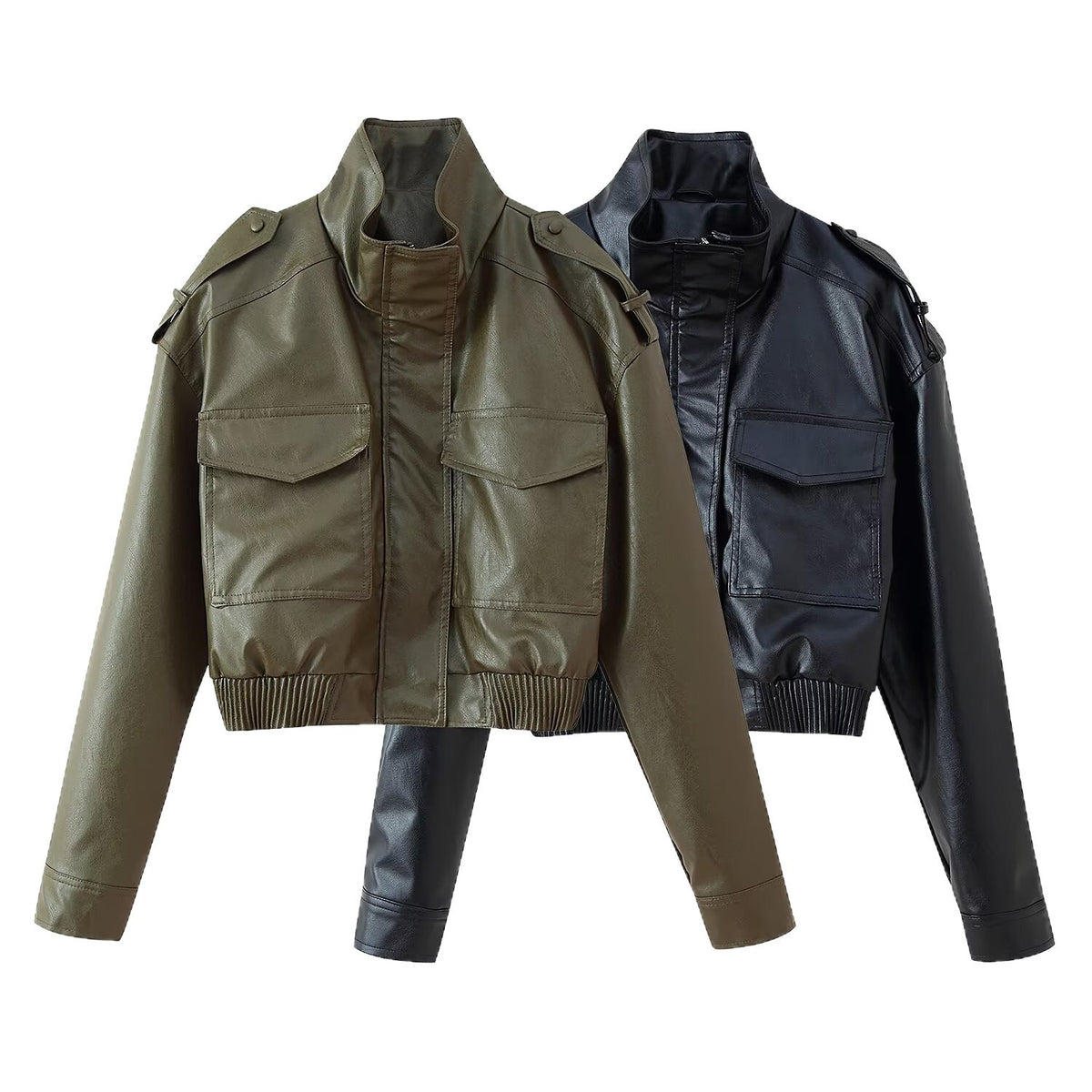Women Short Fitted Leather Look Bomber Jacket with Stand-Up Collar, Shoulder Epaulettes and Patch Pockets Fashion Glam