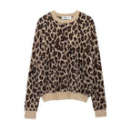 Women's Fluffy Knit Sweater with Leopard Print and Crew Neck Fashion Glam