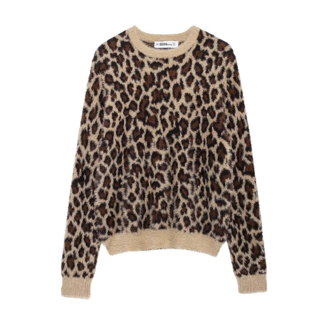 Women's Fluffy Knit Sweater with Leopard Print and Crew Neck Fashion Glam