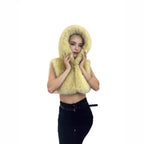 Women's Short Hooded Vest made of High-Pile Faux Fur with Voluminous Long Hair Collar Fashion Glam