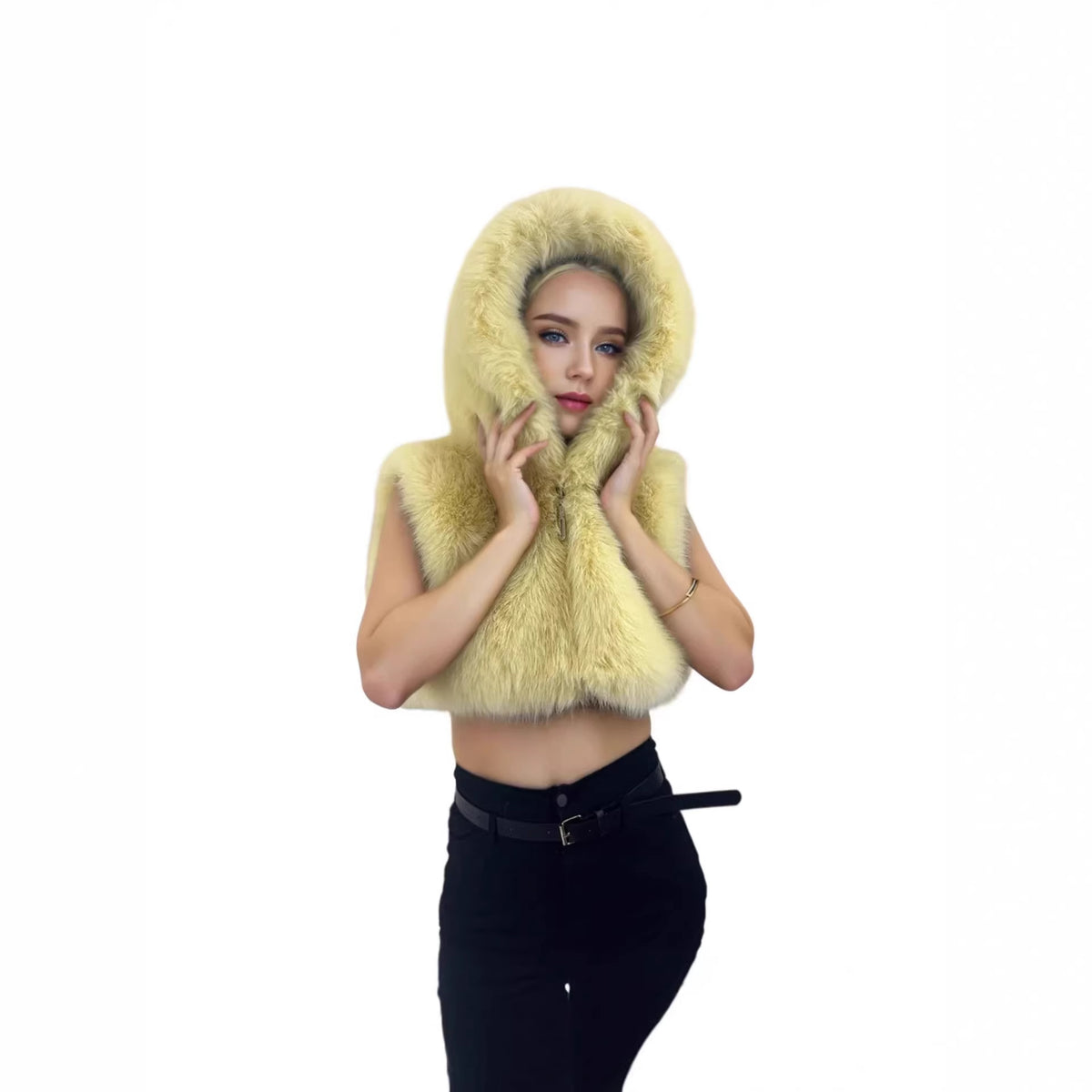 Women's Short Hooded Vest made of High-Pile Faux Fur with Voluminous Long Hair Collar Fashion Glam