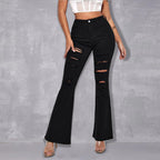 Ladies High-Cut Flared Jeans with Eye-Catching Horizontal Rips and Sculpting Cut Fashion Glam