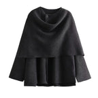 Women's Layered Poncho with Sleeves and Button Collar Fashion Glam