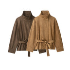 Women's Short Suede Jacket with High Stand Collar and Tie Belt Fashion Glam