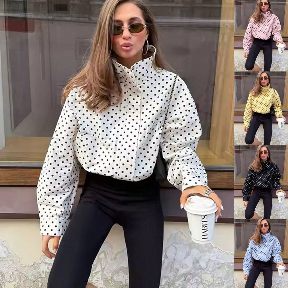 Women Polka Dot Blouse with Stand-up Collar and Balloon Sleeves Fashion Glam