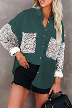 Ladies oversized shirt blouse with textured fabric and leopard print inserts Fashion Glam