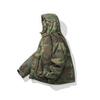 Unisex Boxy-Short-Puffer Jacket in Camouflage-Utility Style with Hood and Concealed Front Placket Fashion Glam