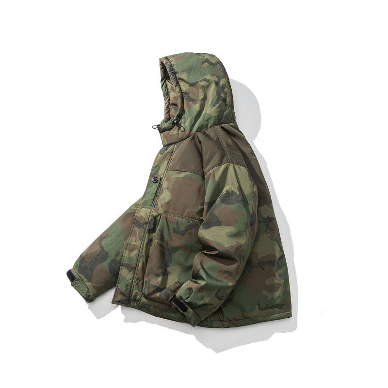 Unisex Boxy-Short-Puffer Jacket in Camouflage-Utility Style with Hood and Concealed Front Placket Fashion Glam