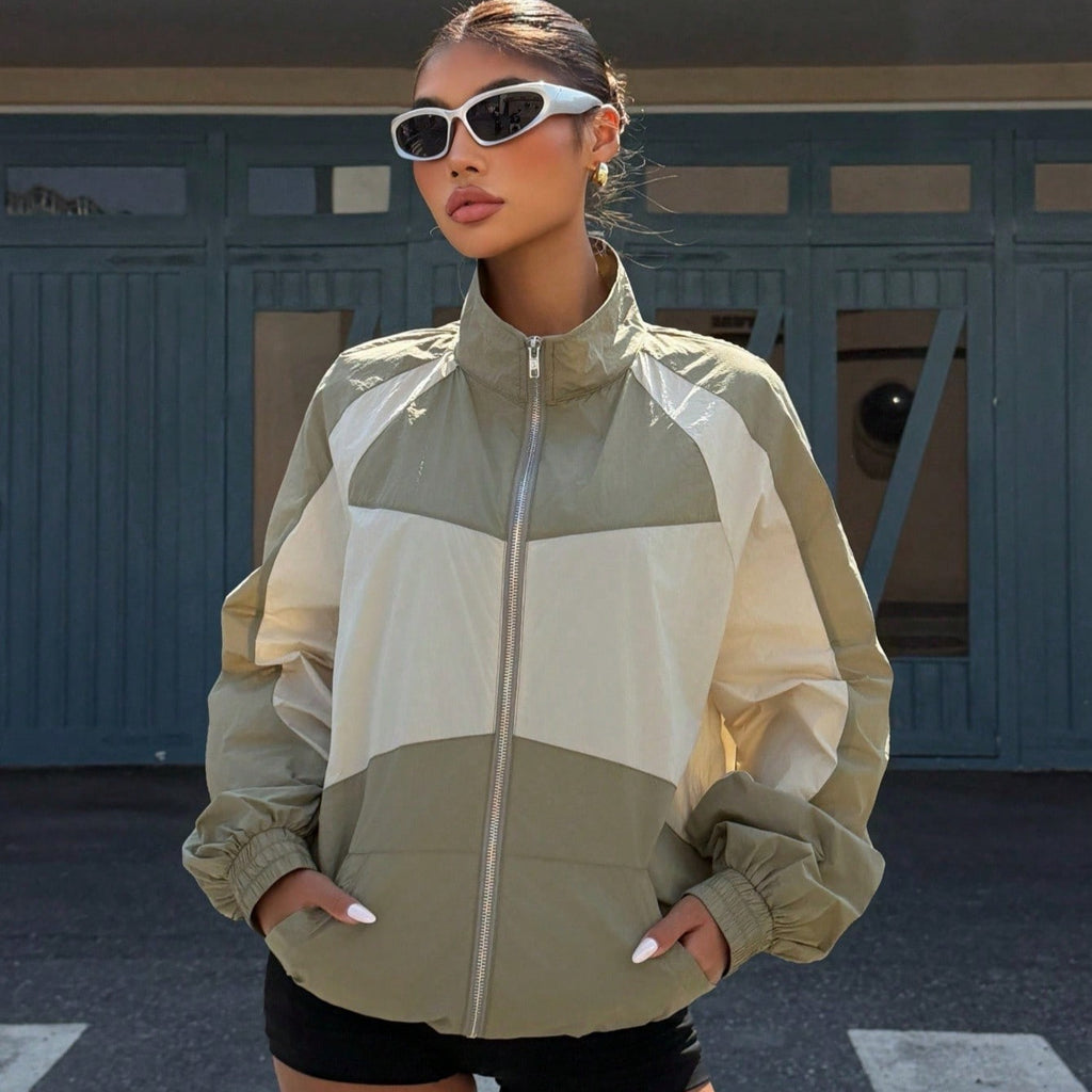 Women’s Lightweight Windbreaker Jacket with High Stand Collar and Colorblock Design Fashion Glam