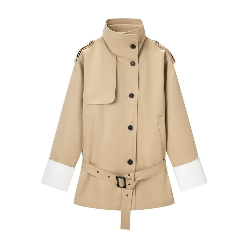 Women's Short Trench Coat with Stand Collar, Waist Belt and Contrast Cuffs Fashion Glam