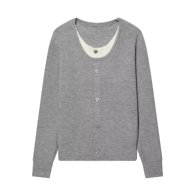 Women's two-layer fine knit cardigan with integrated under top and heart buttons Fashion Glam