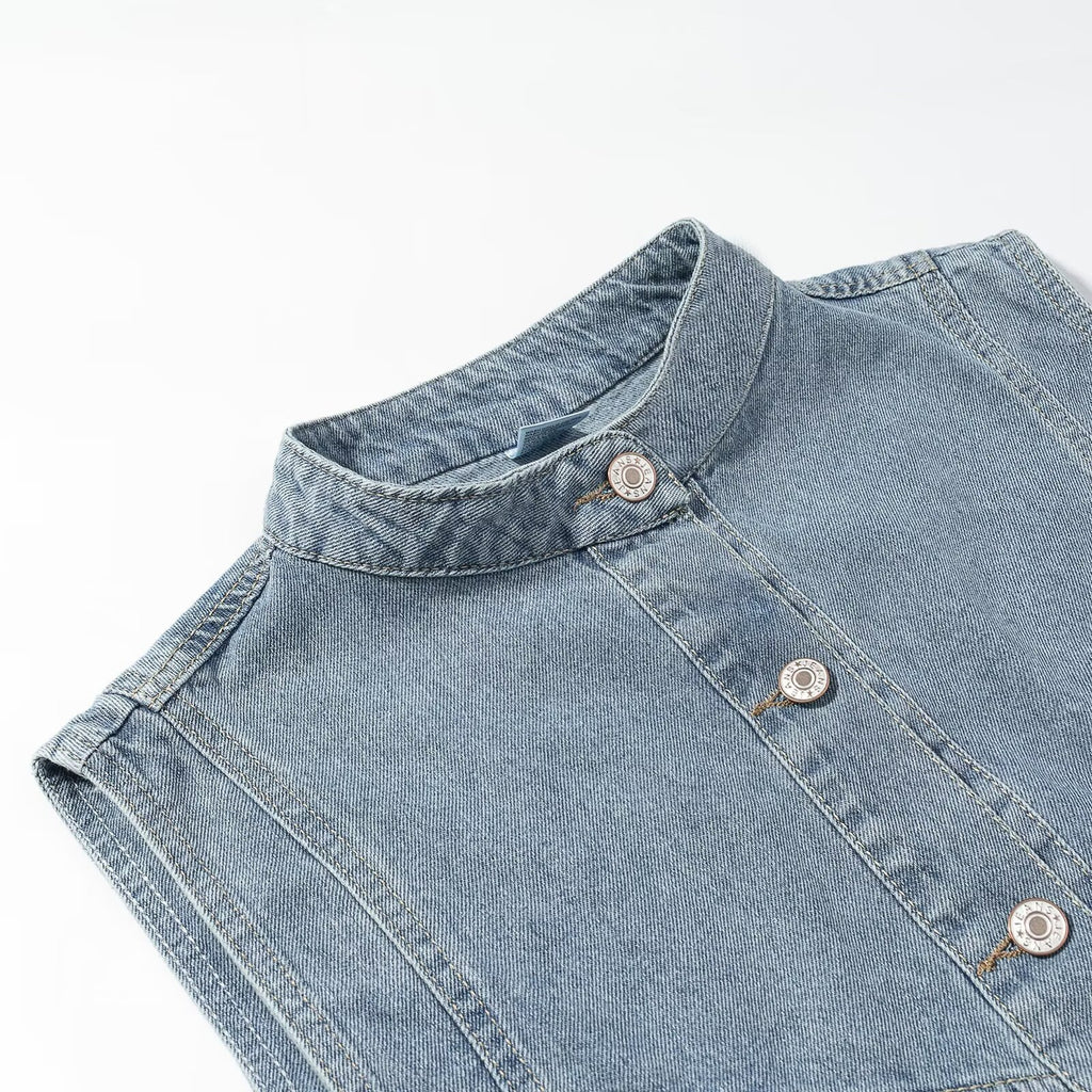 Women's jeans vest with stand-up collar, full-length button placket, and patch pockets Fashion Glam