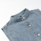Women's jeans vest with stand-up collar, full-length button placket, and patch pockets Fashion Glam