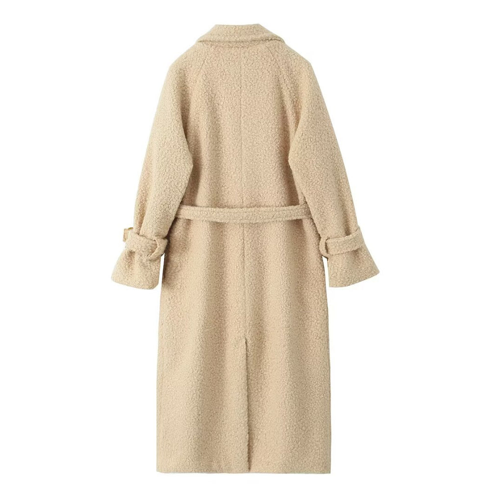 Women Long Teddy Coat in Trench Style with Double-Breasted Button Placket, Tied Belt, and Adjustable Cuffs Fashion Glam