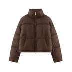 Women's Cropped Oversize Puffer Jacket with High Stand Collar and Two-Way Zipper Fashion Glam