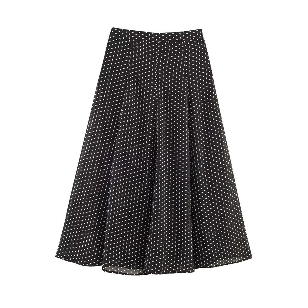 Ladies Flowing Midi Skirt in Vintage Polka Dot Design with Flared Plate Cut Fashion Glam