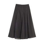 Ladies Flowing Midi Skirt in Vintage Polka Dot Design with Flared Plate Cut Fashion Glam