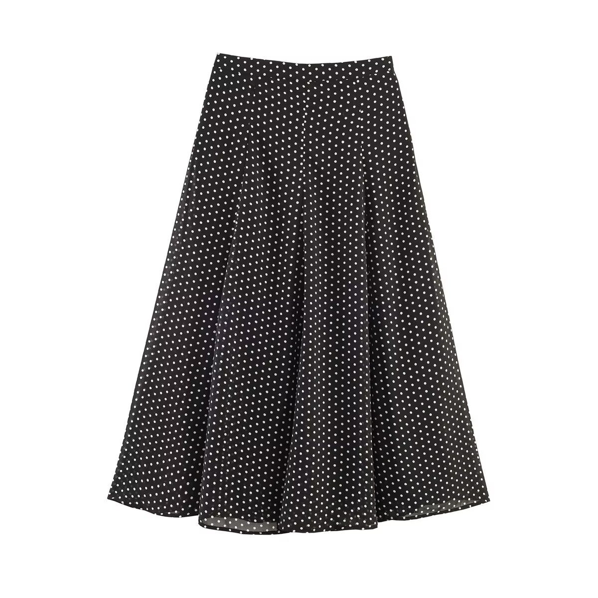 Ladies Flowing Midi Skirt in Vintage Polka Dot Design with Flared Plate Cut Fashion Glam
