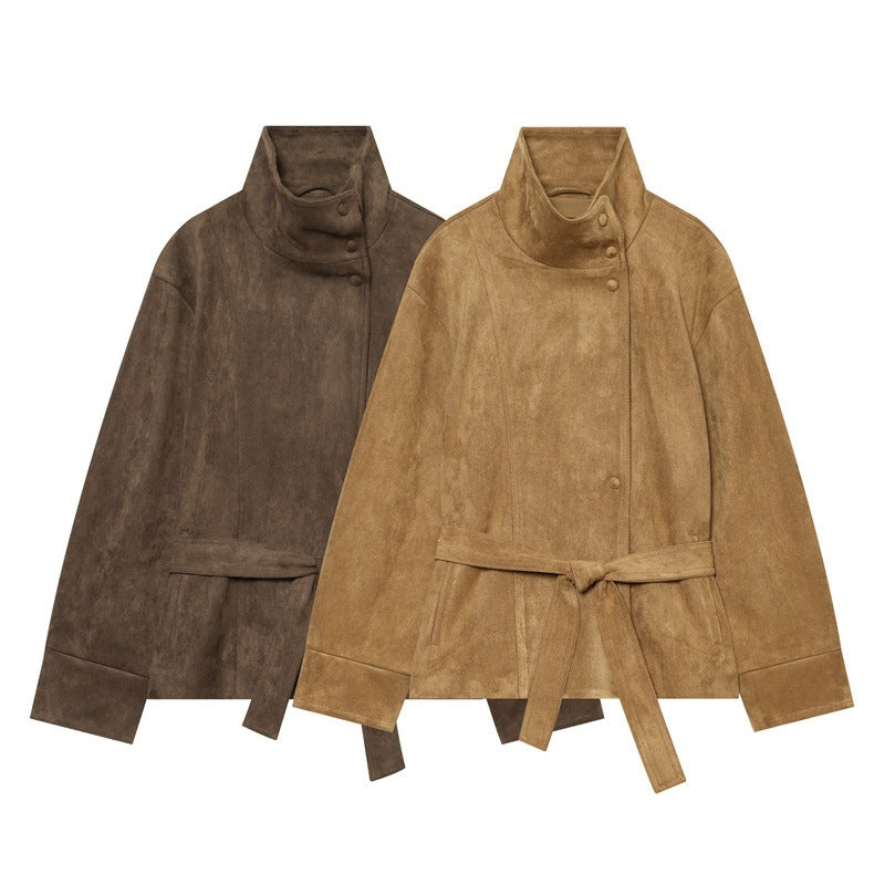 Women's short jacket in boxy cut made of suede look with high stand-up collar and tie belt Fashion Glam