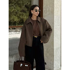 Men's Boxy Wool Blend Blouson with Zipper and Shirt Collar Fashion Glam