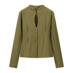 Women's Tailored Short Blazer without Lapels with Stand-Up Collar Look and Shaping Seams Fashion Glam