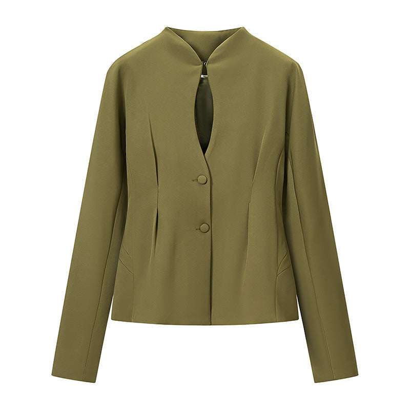 Women's Tailored Short Blazer without Lapels with Stand-Up Collar Look and Shaping Seams Fashion Glam